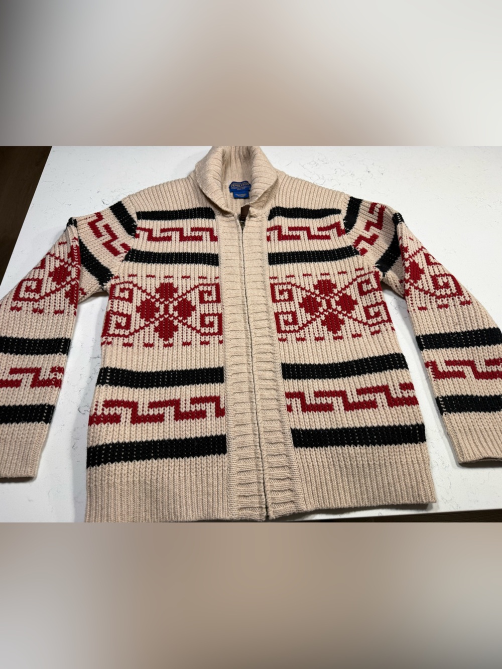 Pendleton Men’s S Wool Knit Full Zip Mock Neck Geometric Sweater Ivory